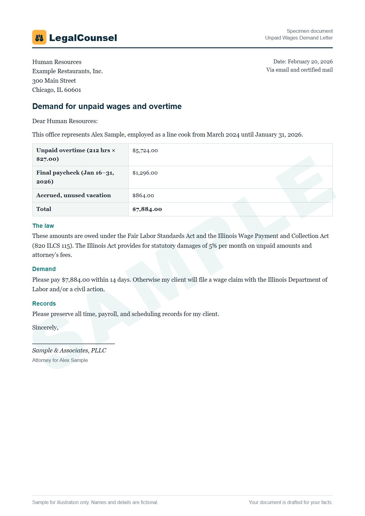 Sample Unpaid Wages Demand Letter prepared by our lawyers, with fictional names